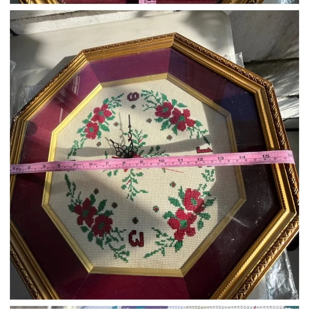 Clock Handmade Vintage Framed Floral embroidery Clock
